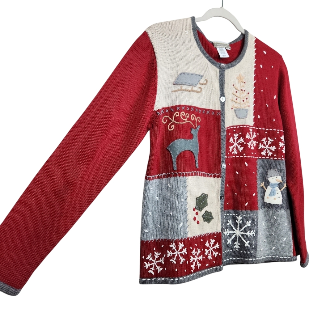 Coldwater Creek Patchwork Cottagecore Cute Christmas Sweater Cardigan Size Small - Picture 2 of 8